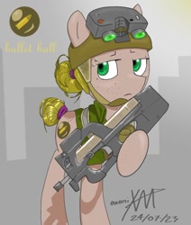 Size: 845x997 | Tagged: safe, artist:anonixar, oc, oc only, oc:bullet ball, earth pony, pony, beige coat, blonde mane, gun, p90, solo, submachinegun, tactical, weapon