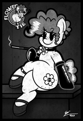 Size: 1260x1842 | Tagged: safe, artist:isaac_pony, oc, oc only, oc:flower tie, earth pony, pony, semi-anthro, 30s, arm hooves, black and white, black and white cartoon, butt, butt freckles, cartoon, cartoony, cigarette, clothes, derp, female, flower, freckles, grayscale, huge butt, large butt, latex, latex socks, logo, looking at you, mare, monochrome, pac-man eyes, poster, rubber hose animation, shoes, smiling, socks, vector, vintage