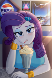 Size: 2000x2974 | Tagged: safe, artist:theretroart88, rarity, human, equestria girls, equestria girls series, g4, bedroom eyes, big breasts, blushing, breasts, busty rarity, clothes, drink, eyeshadow, female, food, high res, looking at you, makeup, milkshake, offscreen character, pepsi, pov, product placement, rarity peplum dress, sitting, soda, solo, straw, stupid sexy rarity, table