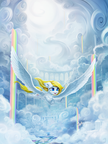 Size: 7500x10000 | Tagged: safe, artist:inowiseei, oc, oc only, oc:candice, pegasus, pony, absurd file size, absurd resolution, blue eyes, chest fluff, cloud, cloud city, colored pupils, commission, ear fluff, ears back, eyebrows, feathered wings, featured image, female, flying, hoof heart, large wings, liquid rainbow, long mane, long tail, loose hair, mare, not surprise, open mouth, open smile, pegasus oc, rainbow waterfall, scenery, scenery porn, shoulder fluff, smiling, solo focus, spread wings, tail, underhoof, white coat, wings, yellow mane, yellow tail