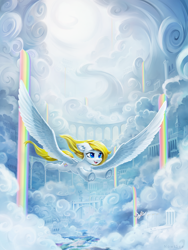 Size: 7500x10000 | Tagged: safe, artist:inowiseei, oc, oc only, oc:candice, pegasus, pony, g4, absurd file size, absurd resolution, blue eyes, chest fluff, cloud, cloud city, colored pupils, commission, ear fluff, ears back, eyebrows, feathered wings, featured image, female, flying, hoof heart, large wings, liquid rainbow, long mane, long tail, loose hair, mare, not surprise, open mouth, open smile, pegasus oc, rainbow waterfall, scenery, scenery porn, shoulder fluff, smiling, solo focus, spread wings, tail, underhoof, white coat, wings, yellow mane, yellow tail