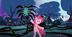 Size: 1350x704 | Tagged: safe, screencap, pinkie pie, earth pony, pony, g4, princess twilight sparkle (episode), bipedal, black vine, confetti, element of laughter, everfree forest, female, night, poison vine, solo