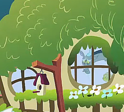 Size: 368x331 | Tagged: safe, screencap, discord, draconequus, g4, bird house, cropped, cute, discute, easter egg (media), flower, fluttershy's cottage, intro
