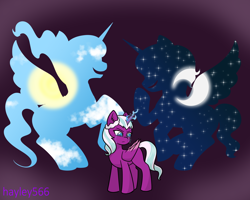 Size: 3200x2558 | Tagged: safe, artist:hayley566, opaline arcana, princess celestia, princess luna, alicorn, pony, g5, cloud, crying, female, filly, filly opaline arcana, foal, folded wings, glowing, glowing horn, headcanon, high res, horn, laughing, looking away, looking down, magic, moon, resentment, royal sisters, sad, siblings, silhouette, sisters, standing, stars, sun, teary eyes, trio, turned head, wings, younger