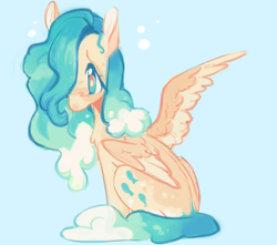 Size: 2048x1807 | Tagged: safe, artist:squilko, fluttershy, pegasus, pony, g4, alternate color palette, alternate design, alternate hairstyle, alternate universe, blue background, blue eyes, one wing out, simple background, solo, tan coat, water mane, wings
