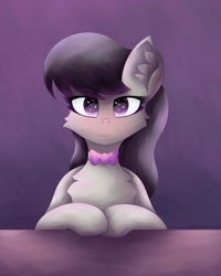 Size: 1586x1983 | Tagged: safe, artist:gaffy, octavia melody, earth pony, pony, g4, blushing, bowtie, chest fluff, cute, ear fluff, female, hooves on the table, looking at you, mare, octavia's bowtie, smiling, solo
