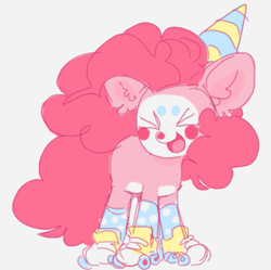 Size: 965x962 | Tagged: safe, artist:squilko, pinkie pie, earth pony, pony, g4, clown, clown makeup, clown nose, cute, diapinkes, hat, party hat, pink background, red nose, roller skates, simple background, skates, solo, xd