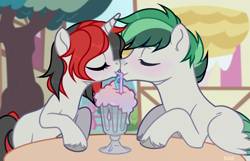 Size: 2750x1772 | Tagged: safe, artist:cursed soul, oc, oc only, oc:dreamer skies, oc:starforce fireline, pegasus, pony, unicorn, blushing, commission, cup, date, drink, eyes closed, female, horn, kissing, male, mare, milkshake, oc x oc, pegasus oc, romantic, shipping, show accurate, stallion, straw, table, town, unicorn oc, wings, ych result