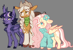 Size: 2048x1398 | Tagged: safe, artist:squilko, applejack, fluttershy, twilight sparkle, alicorn, bat pony, bat pony alicorn, earth pony, pegasus, pony, g4, alternate cutie mark, alternate design, alternate hairstyle, alternate universe, bandana, bat wings, braid, braided pigtails, clothes, cowboy hat, flower, flower in hair, glasses, gray background, hat, horn, pigtails, race swap, redesign, simple background, sweater, trio, wings
