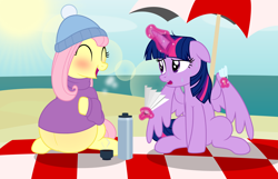 Size: 3196x2052 | Tagged: safe, artist:badumsquish, derpibooru exclusive, fluttershy, twilight sparkle, alicorn, pegasus, pony, g4, ^^, beach, beach umbrella, belly, big belly, blushing, bobble hat, breath, chocolate, clothes, disbelief, duo, explicit description, eyes closed, fan, female, food, happy, hat, heat, high res, hot chocolate, implied windigo, lens flare, magic, ocean, open mouth, open smile, panting, picnic blanket, popsicle, preggoshy, pregnant, sand, show accurate, sitting, smiling, summer, sun, sweat, sweater, telekinesis, thermos, toque, umbrella, water