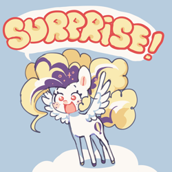 Size: 2000x2000 | Tagged: safe, artist:squilko, surprise, pegasus, pony, g1, alternate cutie mark, alternate hairstyle, blue background, cloud, cute, female, freckles, happy, high res, mare, name drop, on a cloud, open mouth, open smile, simple background, smiling, solo, speech bubble, spread wings, standing on a cloud, wings