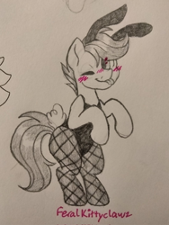 Size: 1536x2048 | Tagged: safe, artist:feralkittyclawz, scootaloo, pegasus, pony, g4, bipedal, blush lines, blushing, bunny suit, clothes, female, filly, foal, one eye closed, partial color, signature, smiling, solo, tail, tongue out, traditional art, wink