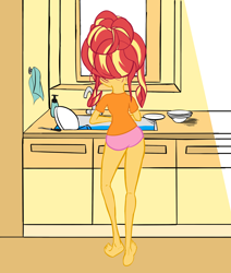 Size: 1948x2296 | Tagged: safe, artist:calmbreezes, sunset shimmer, human, equestria girls, g4, alternate hairstyle, casual, clothes, dishes, dishwashing, panties, pink panties, pink underwear, rear view, solo, underwear