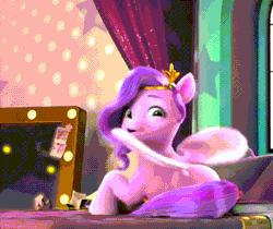 Size: 478x401 | Tagged: safe, screencap, pipp petals, pegasus, pony, a little horse, g5, my little pony: make your mark, my little pony: make your mark chapter 4, spoiler:g5, spoiler:my little pony: make your mark, spoiler:my little pony: make your mark chapter 4, spoiler:mymc04e06, adorapipp, animated, bed, bedroom, butt, crystal brighthouse, cute, female, gif, i watch it for the ears, jewelry, mare, pillow, plot, regalia, royalty, sitting, spinning, spread wings, tiara, wings