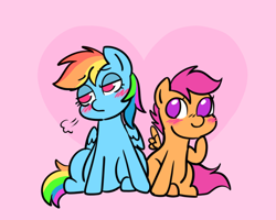 Size: 2500x2000 | Tagged: safe, artist:feralkittyclawz, rainbow dash, scootaloo, pegasus, pony, g4, age difference, blushing, breath, duo, duo female, female, filly, foal, heart, heart background, high res, lesbian, lidded eyes, mare, pseudoincest, raised hoof, ship:scootadash, shipping, sitting, spread wings, tail, touching hooves, wings