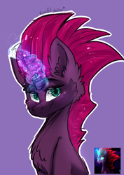 Size: 2149x3035 | Tagged: safe, artist:krissstudios, tempest shadow, pony, g4, bust, chest fluff, ear fluff, female, high res, mare, portrait, purple background, signature, simple background, solo