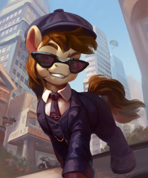 Size: 1920x2300 | Tagged: safe, artist:jewellier, oc, oc only, oc:apple vodka, earth pony, pony, button-up shirt, city, clothes, cyrillic, dreamworks face, earth pony oc, gta 5, hat, jewelry, male, necktie, peaky blinders, shirt, smiling, solo, stallion, suit, sunglasses