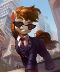 Size: 1920x2300 | Tagged: safe, alternate version, artist:jewellier, oc, oc only, oc:apple vodka, earth pony, pony, button-up shirt, city, clothes, cyrillic, dreamworks face, earth pony oc, gta 5, jewelry, male, necktie, peaky blinders, shirt, smiling, solo, stallion, suit, sunglasses