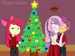 Size: 2400x1800 | Tagged: safe, artist:phantomshadow051, apple bloom, scootaloo, sweetie belle, human, equestria girls, g4, apple bloom is not amused, christmas, clothes, cutie mark crusaders, eyes closed, female, holiday, kiss on the lips, kissing, lesbian, mistletoe, ship:scootabelle, shipping, skirt, unamused, watermark