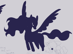 Size: 1280x947 | Tagged: safe, artist:squilko, oc, oc only, pony, shadow pony, unicorn, duo, horn, monochrome, spread wings, unicorn oc, wings