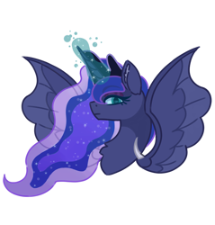 Size: 4673x4895 | Tagged: safe, artist:polish_pigeon, princess luna, alicorn, pony, g4, bat wings, bust, chest fluff, crown, female, future, jewelry, magic, mare, regalia, royal sisters, siblings, simple background, sisters, solo, spread wings, transparent background, wings