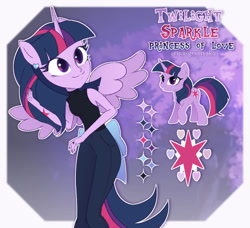 Size: 754x688 | Tagged: safe, artist:arina-gremyako, twilight sparkle, human, pony, unicorn, equestria girls, g4, alternate hairstyle, alternate universe, bare shoulders, clothes, denim, ear piercing, earring, grin, jeans, jewelry, nail polish, pants, piercing, ponied up, reference sheet, ring, sleeveless, sleeveless sweater, smiling, solo, sweater, unicorn twilight