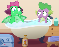 Size: 3600x2862 | Tagged: safe, artist:sweetielover, smolder, spike, oc, oc:goldigony, dragon, g4, bath, bathroom, bathtub, bottle, bubble, bubble bath, diaper package, dragoness, embarrassed, female, freckles, heart freckles, high res, male, male symbol, soap, spread wings, surprised, towels, wings