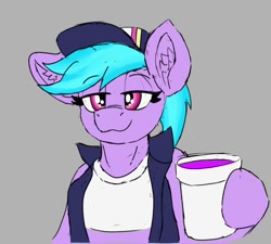 Size: 764x688 | Tagged: safe, artist:reddthebat, azure velour, earth pony, pony, semi-anthro, g4, arm hooves, cup, drink, ear fluff, eyebrows, eyebrows visible through hair, female, gray background, hoof hold, human shoulders, lean, lidded eyes, looking at you, mare, simple background, smiling, smiling at you, solo, sternocleidomastoid