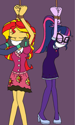 Size: 1080x1801 | Tagged: safe, artist:bugssonicx, sci-twi, sunset shimmer, twilight sparkle, human, equestria girls, g4, bondage, bound and gagged, captured, cloth gag, clothes, dress, duo, duo female, female, gag, glasses, help us, humanized, kidnapped, knock out, sci-twi outfits, tied up