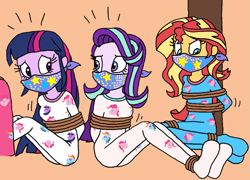 Size: 999x720 | Tagged: safe, artist:bugssonicx, starlight glimmer, sunset shimmer, twilight sparkle, human, equestria girls, g4, cloth gag, clothes, footed sleeper, footie pajamas, gag, help us, humanized, onesie, orange background, over the nose gag, pajamas, pole tied, pony twilight, simple background, sleepover, slumber party, starlight's gag, struggling