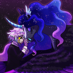 Size: 1000x1000 | Tagged: safe, artist:devilbunzz, princess luna, alicorn, human, pony, g4, alternate design, crona, crying, duo, fangs, soul eater, space