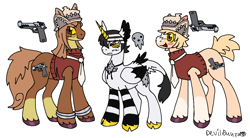 Size: 1280x707 | Tagged: safe, artist:devilbunzz, earth pony, pony, unicorn, death the kid, elizabeth thompson, gun, patricia thompson, ponified, simple background, soul eater, trio, weapon, white background