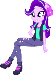 Size: 749x1060 | Tagged: safe, artist:dustinwatsongkx, starlight glimmer, anthro, equestria girls, g4, beanie, boots, clothes, cute, glimmerbetes, hat, high heel boots, leggings, pants, pony ears, ripped pants, shirt, shoes, simple background, sitting, solo, torn clothes, transparent background, vest