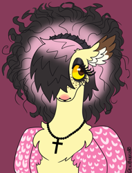 Size: 761x994 | Tagged: safe, artist:devilbunzz, fluttershy, pegasus, pony, g4, alternate hairstyle, black eyeshadow, cross, cross necklace, dyed mane, emo, eyeshadow, freckles, freckleshy, hair over one eye, headband, jewelry, makeup, necklace, pink background, simple background, solo