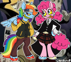 Size: 948x824 | Tagged: safe, artist:devilbunzz, pinkie pie, rainbow dash, earth pony, pegasus, pony, g4, bipedal, duo, maka, soul (soul eater), soul eater