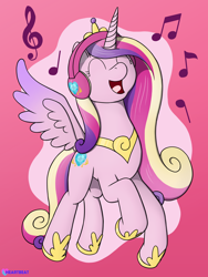 Size: 1500x1995 | Tagged: safe, artist:passionpanther, princess cadance, alicorn, pony, series:ponies with headphones, g4, eyes closed, female, flying, headphones, mare, music notes, open mouth, open smile, pink background, simple background, smiling, solo, spread wings, vibing, wings