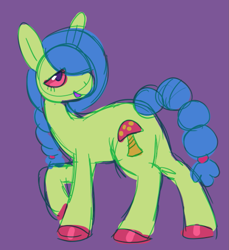 Size: 1029x1125 | Tagged: safe, artist:devilbunzz, earth pony, pony, blue mane, braid, braided ponytail, braided tail, colored hooves, green coat, ponytail, purple background, red eyes, simple background, solo, tail