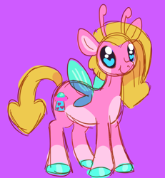 Size: 1072x1159 | Tagged: safe, artist:devilbunzz, butterfly, butterfly pony, hybrid, pony, colored hooves, purple background, simple background, solo