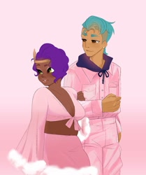 Size: 915x1093 | Tagged: safe, artist:aztrial, hitch trailblazer, pipp petals, human, g5, blushing, clothes, dark skin, duo, ear piercing, earring, eyeshadow, female, grin, height difference, humanized, jewelry, lipstick, makeup, male, pants, piercing, pink, pink background, ship:pitch, shipping, shirt, simple background, size difference, skirt, smiling, straight, tan skin