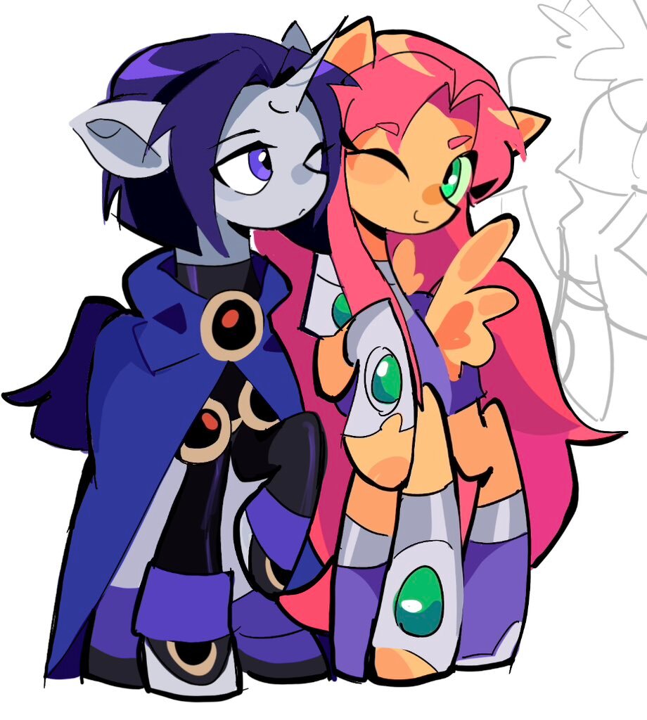 [clothes,dc comics,open mouth,pegasus,ponified,pony,raised hoof,safe,simple background,starfire,teen titans,unicorn,white background,one eye closed,smiling,cheek to cheek,raven (dc comics),artist:arrcticc_fish]