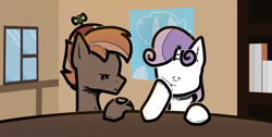 Size: 1534x772 | Tagged: safe, artist:xtsij, button mash, sweetie belle, earth pony, pony, unicorn, g4, background character, cutie mark crusaders, duo, faic, female, foal, male, sitting, table, waiting, watch, window, woll smoth, wristwatch