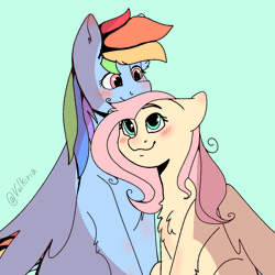 Size: 1280x1280 | Tagged: safe, artist:valkiria, derpibooru exclusive, fluttershy, rainbow dash, pegasus, pony, g4, animated, blushing, chest fluff, cute, daaaaaaaaaaaw, duo, female, frame by frame, green background, lesbian, ship:flutterdash, shipping, simple background, spread wings, sweet dreams fuel, wings