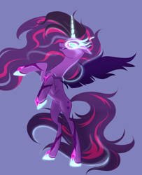 Size: 2480x3058 | Tagged: safe, artist:nightglowfan, twilight sparkle, alicorn, pony, equestria girls, g4, belly, concave belly, equestria girls ponified, female, glowing, glowing eyes, high res, hoof shoes, long legs, long mane, long tail, mare, midnight sparkle, ponified, princess shoes, rearing, simple background, slender, solo, tail, tall, thin