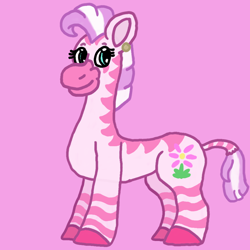 Size: 1000x1000 | Tagged: safe, artist:mintwhistle, oc, oc only, oc:fuchsia, zebra, g5, colored hooves, ear piercing, earring, female, g5 oc, jewelry, mare, medibang paint, piercing, pink, pink background, simple background, smiling, solo, zebra oc