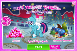 Size: 1960x1298 | Tagged: safe, gameloft, twilight sparkle, pony, unicorn, g4, my little pony: magic princess, official, advertisement, bush, costs real money, english, female, gem, horn, introduction card, mare, mobile game, numbers, sale, solo, spaceship, spacesuit, text