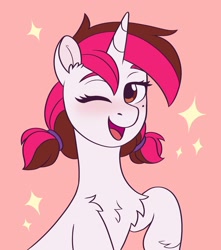 Size: 1909x2160 | Tagged: safe, artist:skysorbett, oc, oc only, oc:vetta, pony, unicorn, chest fluff, female, looking at you, mare, mole, open mouth, raised hoof, simple background, smiling, smiling at you, solo, sparkles
