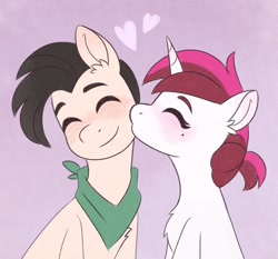 Size: 1564x1458 | Tagged: safe, artist:skysorbett, oc, oc only, oc:kosh, oc:vetta, earth pony, pony, unicorn, bandana, cheek kiss, couple, duo, eyes closed, family, kissing, mole, pair, ponytail, simple background