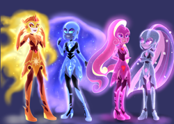 Size: 2100x1500 | Tagged: safe, artist:nightglowfan, daybreaker, nightmare moon, princess cadance, twilight sparkle, human, equestria girls, g4, armor, equestria girls-ified, evil grin, female, glowing, grin, group, midnight sparkle, nightmare cadance, nightmare heart, nightmare twilight, nightmarified, quartet, simple background, smiling