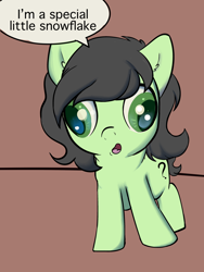 Size: 3000x4000 | Tagged: safe, artist:dumbwoofer, oc, oc:filly anon, earth pony, pony, ear fluff, female, filly, foal, open mouth, retarded, simple background, solo, speech bubble, text