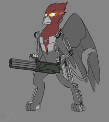 Size: 1913x2146 | Tagged: safe, artist:somber, oc, oc only, oc:mecka petrov, griffon, female, gun, solo, weapon